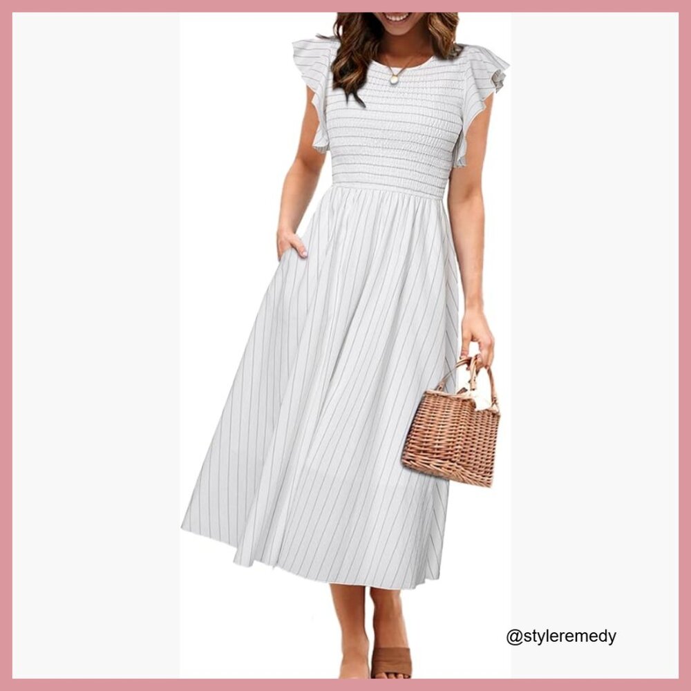 Linen Smocked Midi Dress with Pockets Flutter Sleeves Casual Summer